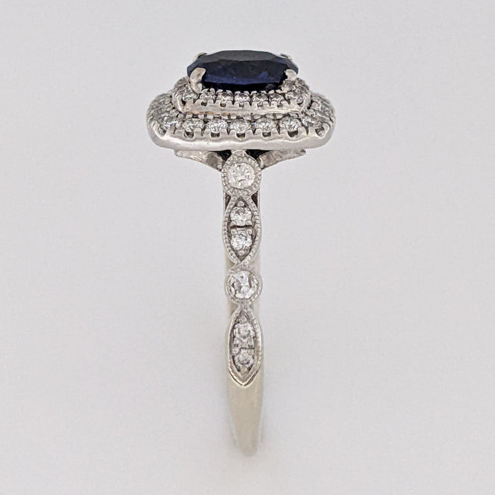 14K WHITE LAB-CREATED SAPPHIRE OVAL 5X7 WITH .67 DIAMOND TOTAL WEIGHT ESTATE RING 4.9 GRAMS