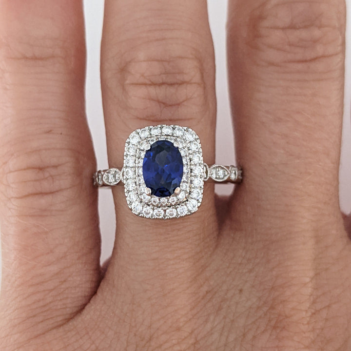 14K WHITE LAB-CREATED SAPPHIRE OVAL 5X7 WITH .67 DIAMOND TOTAL WEIGHT ESTATE RING 4.9 GRAMS