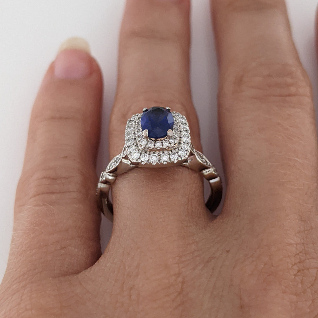 14K WHITE LAB-CREATED SAPPHIRE OVAL 5X7 WITH .67 DIAMOND TOTAL WEIGHT ESTATE RING 4.9 GRAMS