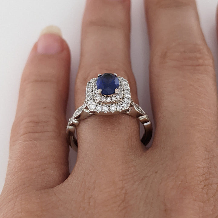 14K WHITE LAB-CREATED SAPPHIRE OVAL 5X7 WITH .67 DIAMOND TOTAL WEIGHT ESTATE RING 4.9 GRAMS