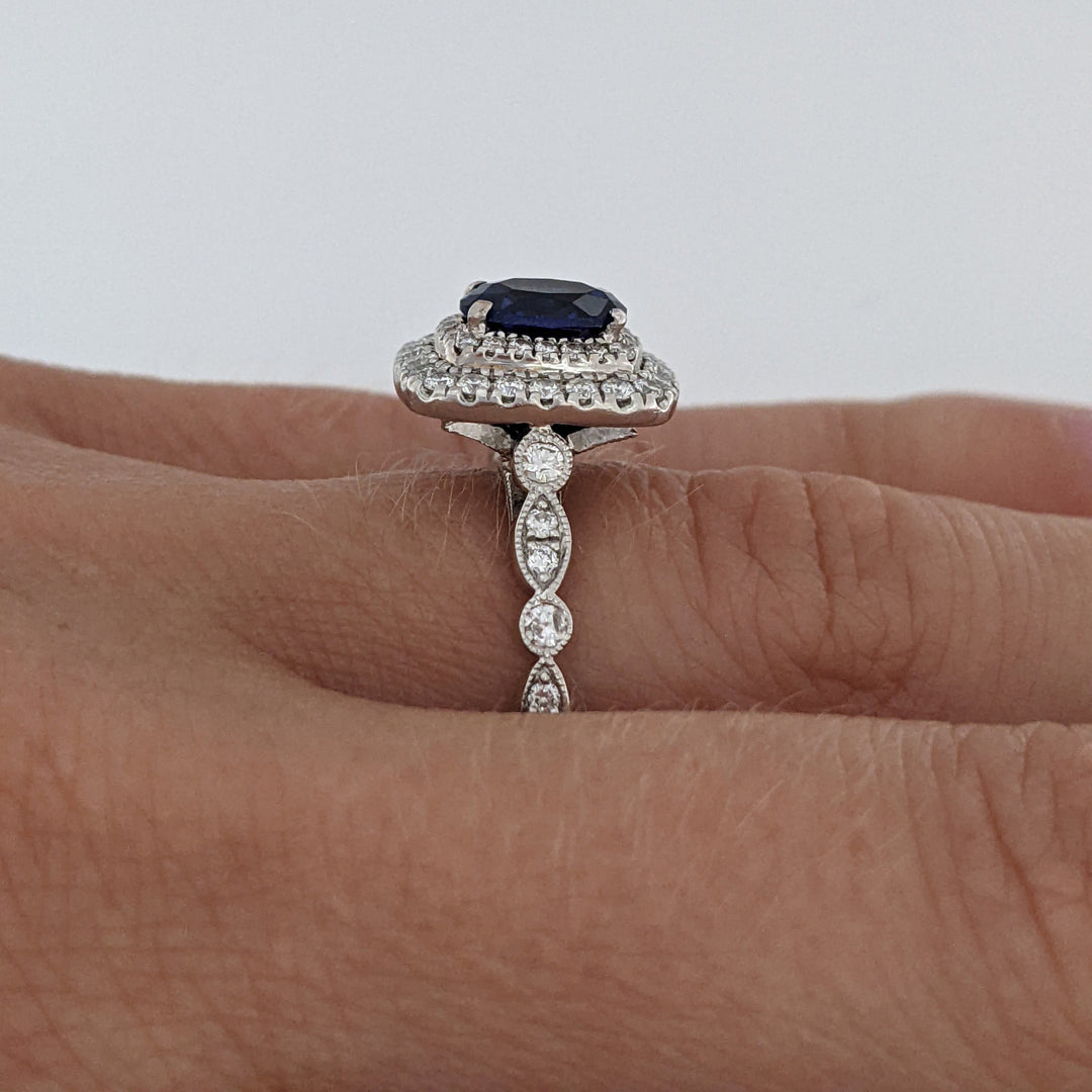 14K WHITE LAB-CREATED SAPPHIRE OVAL 5X7 WITH .67 DIAMOND TOTAL WEIGHT ESTATE RING 4.9 GRAMS