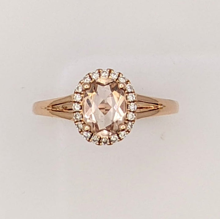 14K ROSE MORGANITE OVAL 6X8 WITH .14 DIAMOND TOTAL WEIGHT ESTATE RING 2.6 GRAMS