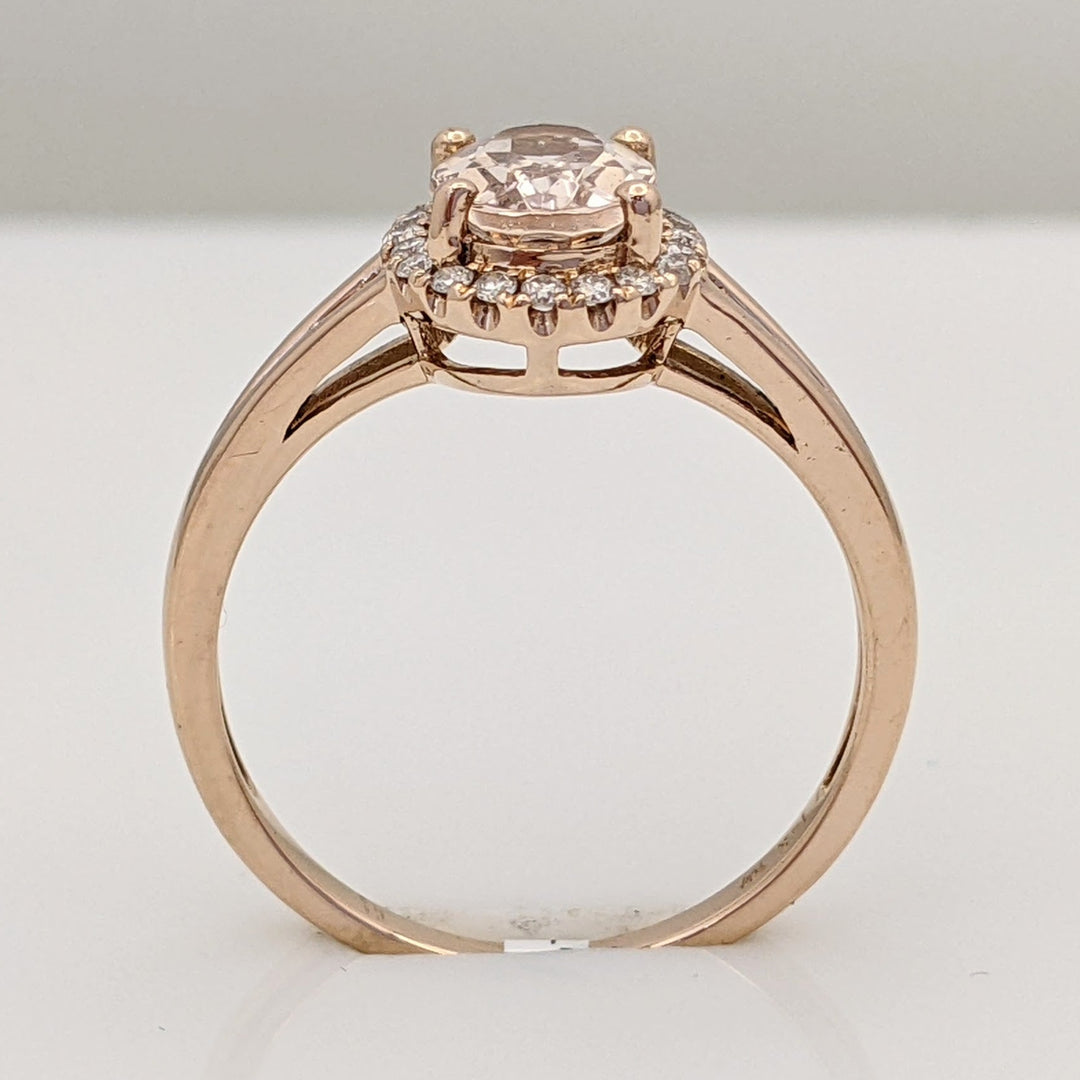 14K ROSE MORGANITE OVAL 6X8 WITH .14 DIAMOND TOTAL WEIGHT ESTATE RING 2.6 GRAMS
