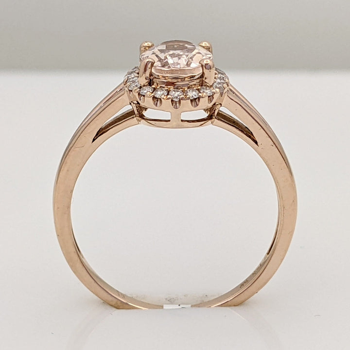 14K ROSE MORGANITE OVAL 6X8 WITH .14 DIAMOND TOTAL WEIGHT ESTATE RING 2.6 GRAMS