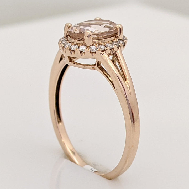 14K ROSE MORGANITE OVAL 6X8 WITH .14 DIAMOND TOTAL WEIGHT ESTATE RING 2.6 GRAMS