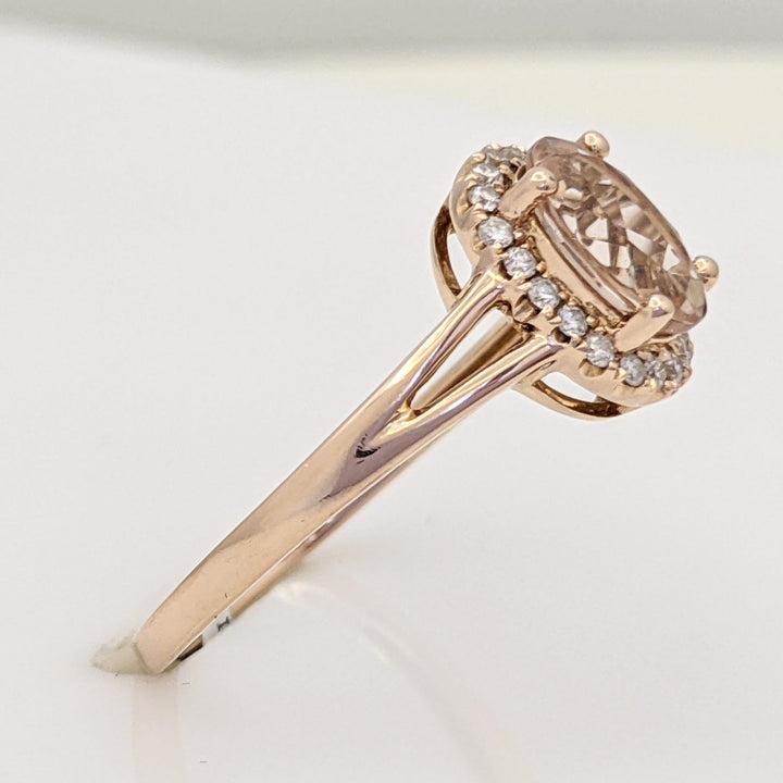 14K ROSE MORGANITE OVAL 6X8 WITH .14 DIAMOND TOTAL WEIGHT ESTATE RING 2.6 GRAMS