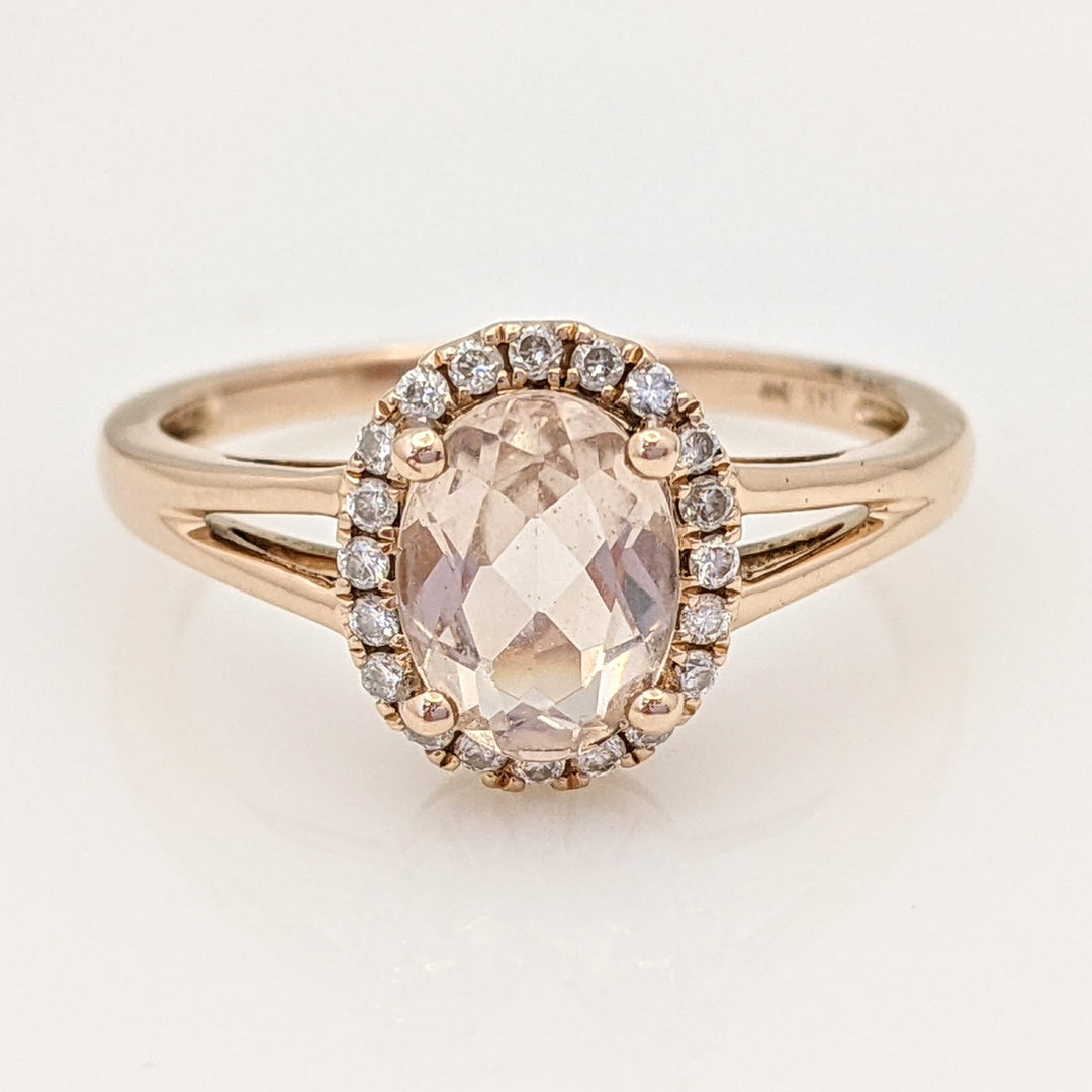 14K ROSE MORGANITE OVAL 6X8 WITH .14 DIAMOND TOTAL WEIGHT ESTATE RING 2.6 GRAMS