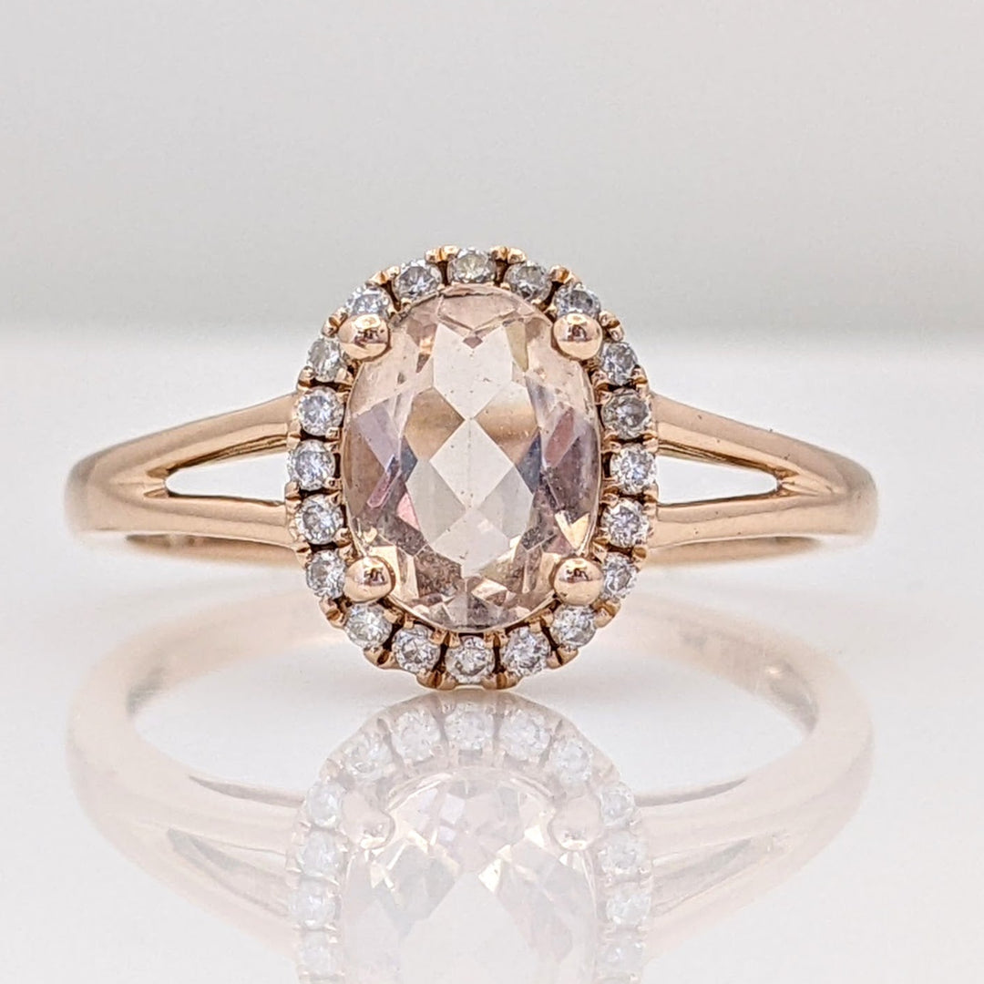 14K ROSE MORGANITE OVAL 6X8 WITH .14 DIAMOND TOTAL WEIGHT ESTATE RING 2.6 GRAMS