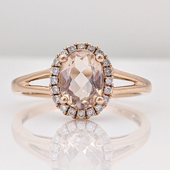 14K ROSE MORGANITE OVAL 6X8 WITH .14 DIAMOND TOTAL WEIGHT ESTATE RING 2.6 GRAMS