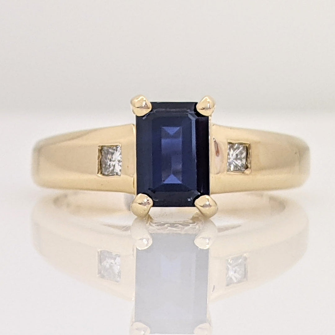 14K SAPPHIRE EMERALD CUT 5X7 WITH .18 DIAMOND TOTAL WEIGHT (2) PRINCESS CUT ESTATE RING 4.7 GRAMS