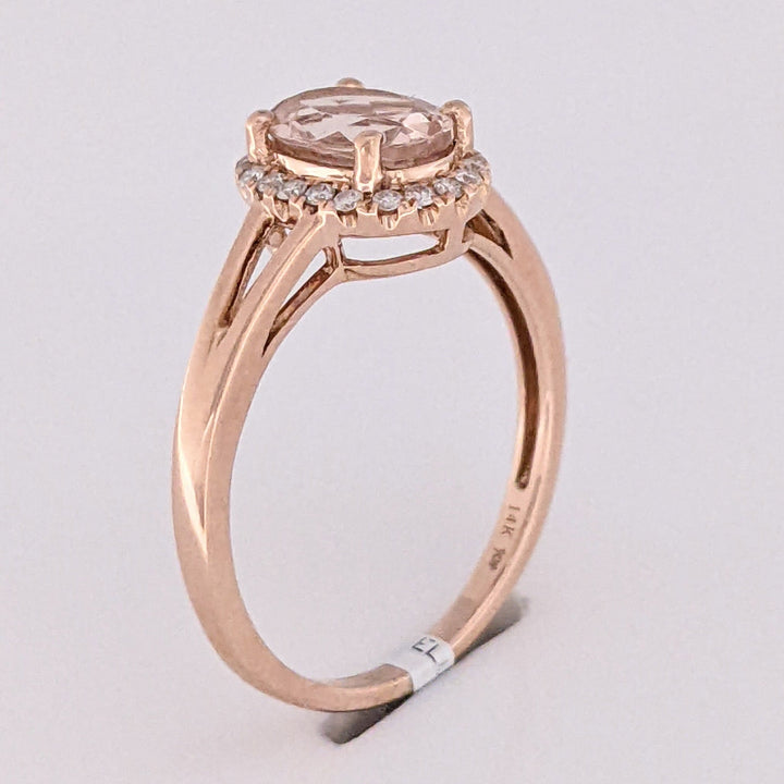14K ROSE MORGANITE OVAL 6X8 WITH .14 DIAMOND TOTAL WEIGHT ESTATE RING 2.6 GRAMS
