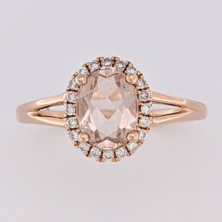 14K ROSE MORGANITE OVAL 6X8 WITH .14 DIAMOND TOTAL WEIGHT ESTATE RING 2.6 GRAMS