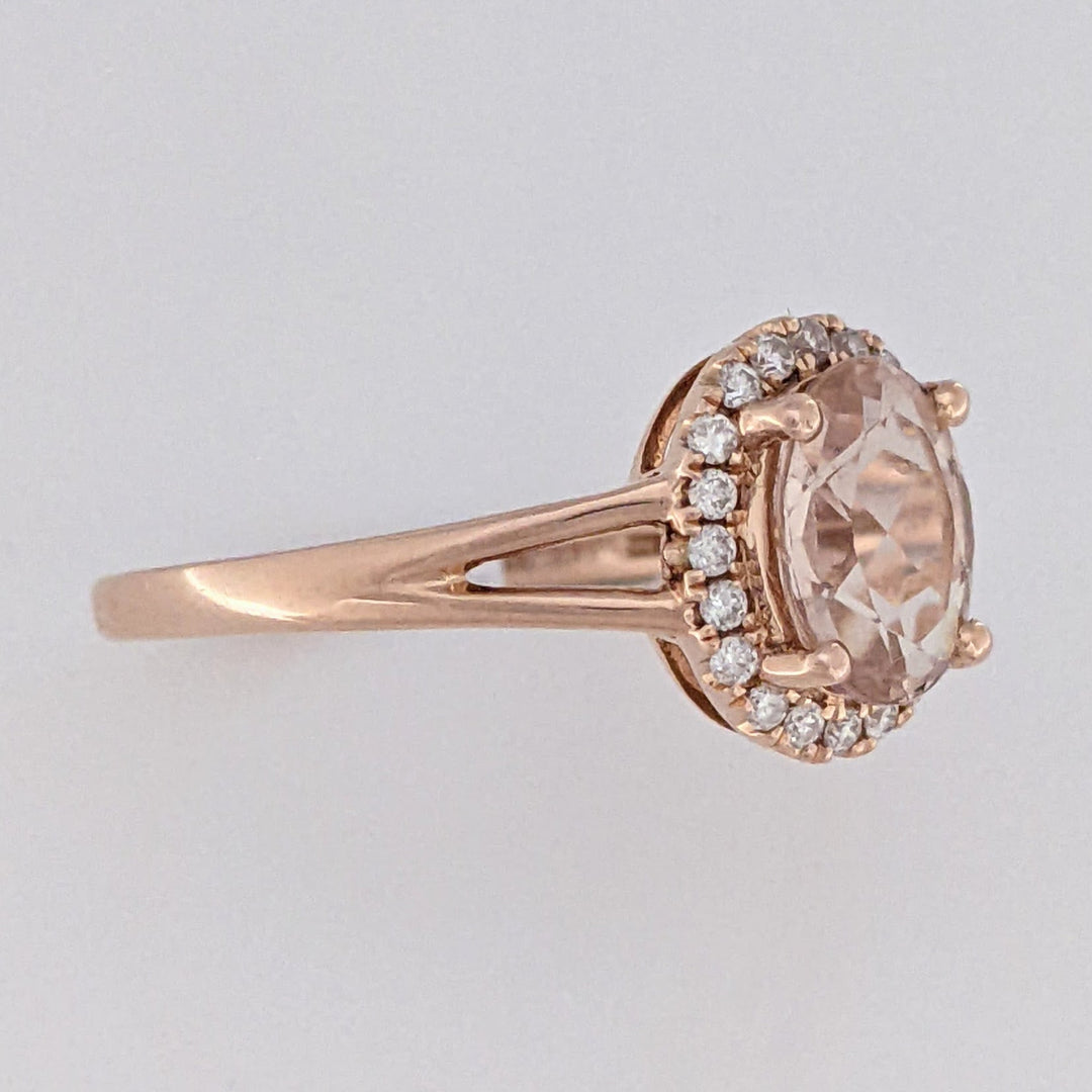 14K ROSE MORGANITE OVAL 6X8 WITH .14 DIAMOND TOTAL WEIGHT ESTATE RING 2.6 GRAMS