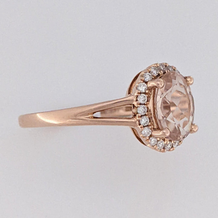 14K ROSE MORGANITE OVAL 6X8 WITH .14 DIAMOND TOTAL WEIGHT ESTATE RING 2.6 GRAMS