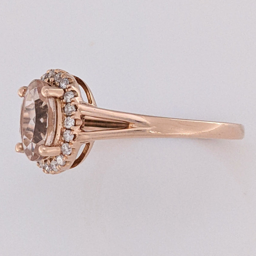 14K ROSE MORGANITE OVAL 6X8 WITH .14 DIAMOND TOTAL WEIGHT ESTATE RING 2.6 GRAMS