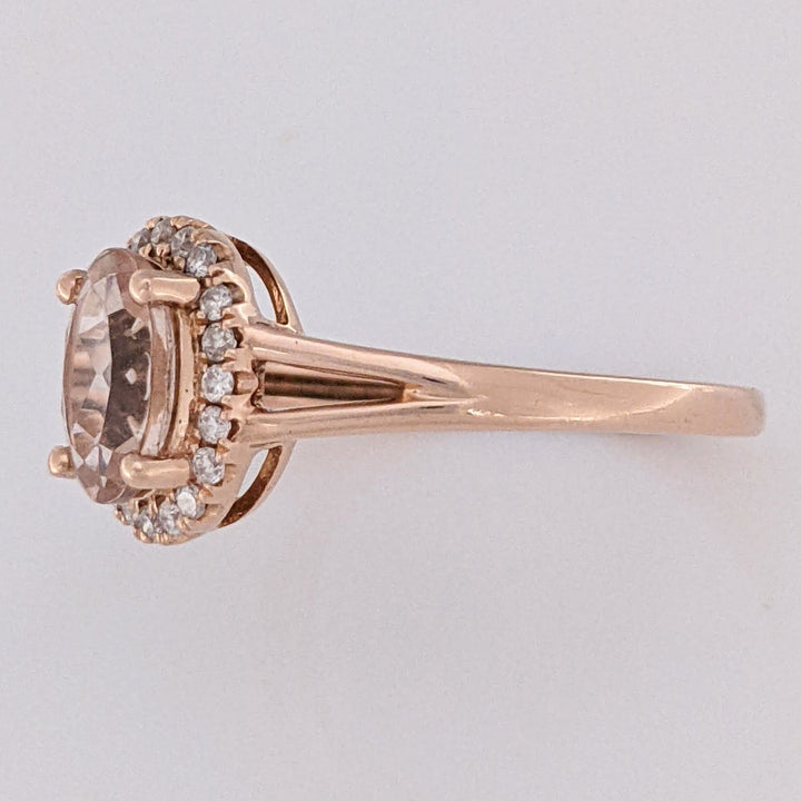 14K ROSE MORGANITE OVAL 6X8 WITH .14 DIAMOND TOTAL WEIGHT ESTATE RING 2.6 GRAMS