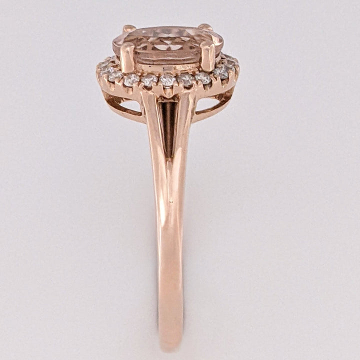 14K ROSE MORGANITE OVAL 6X8 WITH .14 DIAMOND TOTAL WEIGHT ESTATE RING 2.6 GRAMS