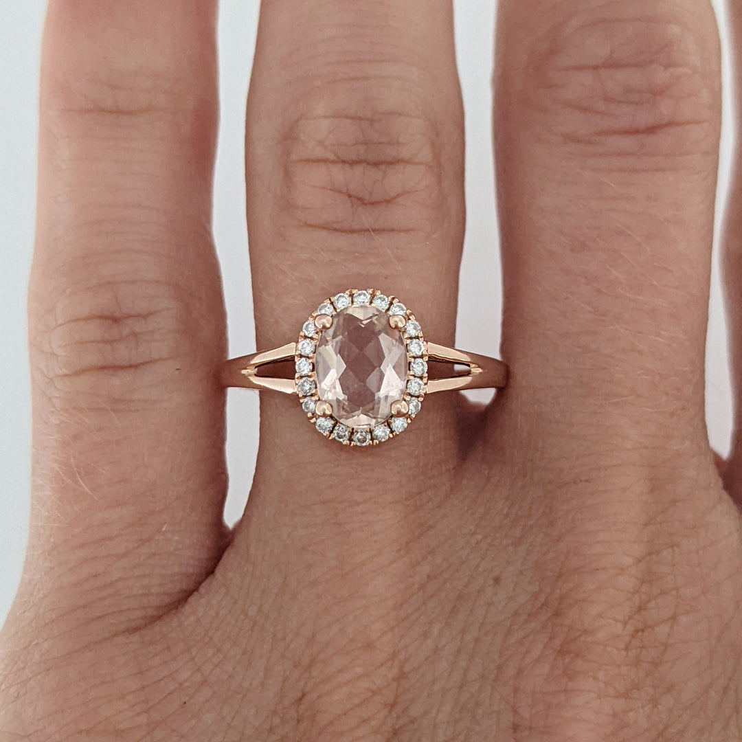 14K ROSE MORGANITE OVAL 6X8 WITH .14 DIAMOND TOTAL WEIGHT ESTATE RING 2.6 GRAMS