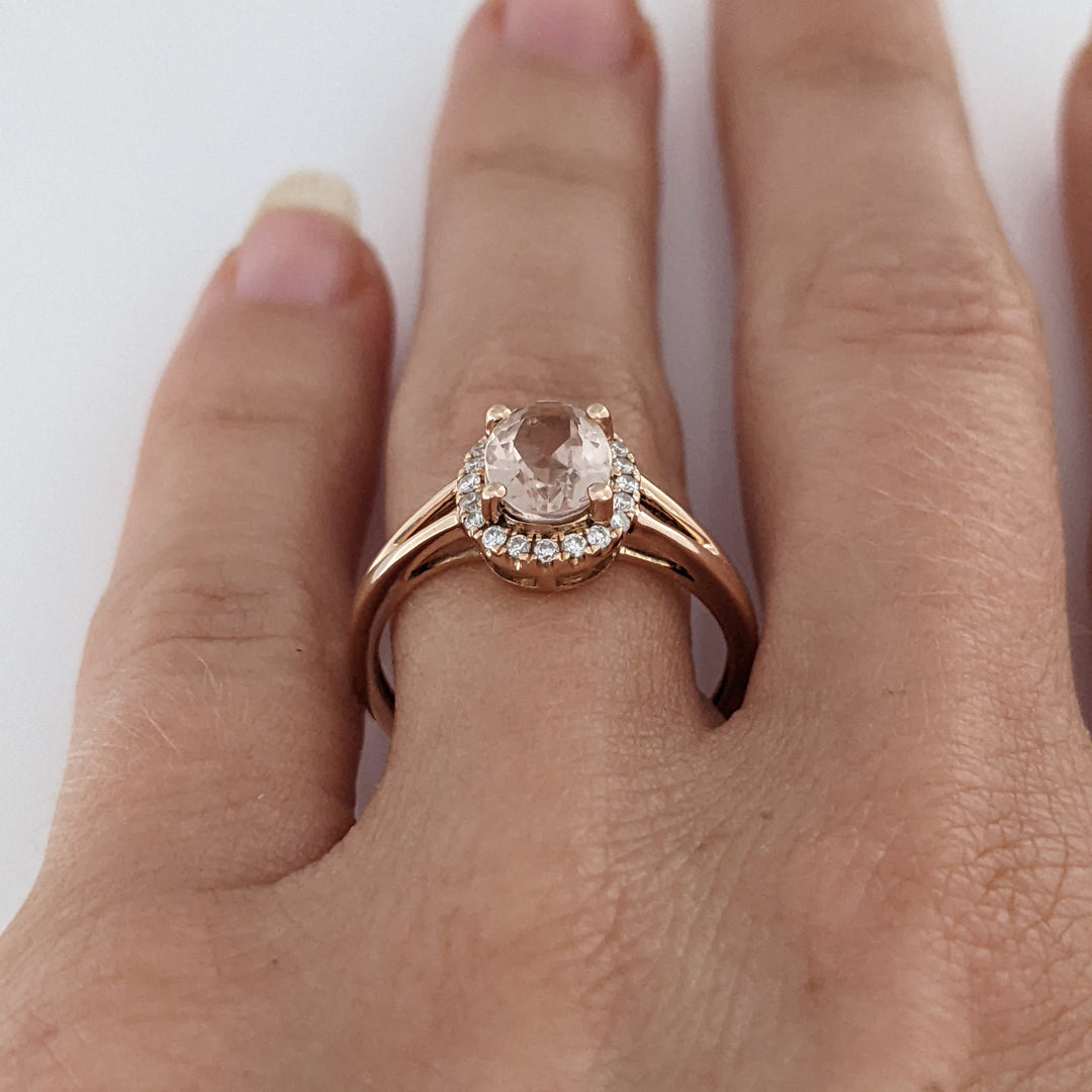 14K ROSE MORGANITE OVAL 6X8 WITH .14 DIAMOND TOTAL WEIGHT ESTATE RING 2.6 GRAMS