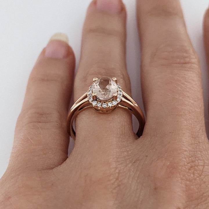 14K ROSE MORGANITE OVAL 6X8 WITH .14 DIAMOND TOTAL WEIGHT ESTATE RING 2.6 GRAMS