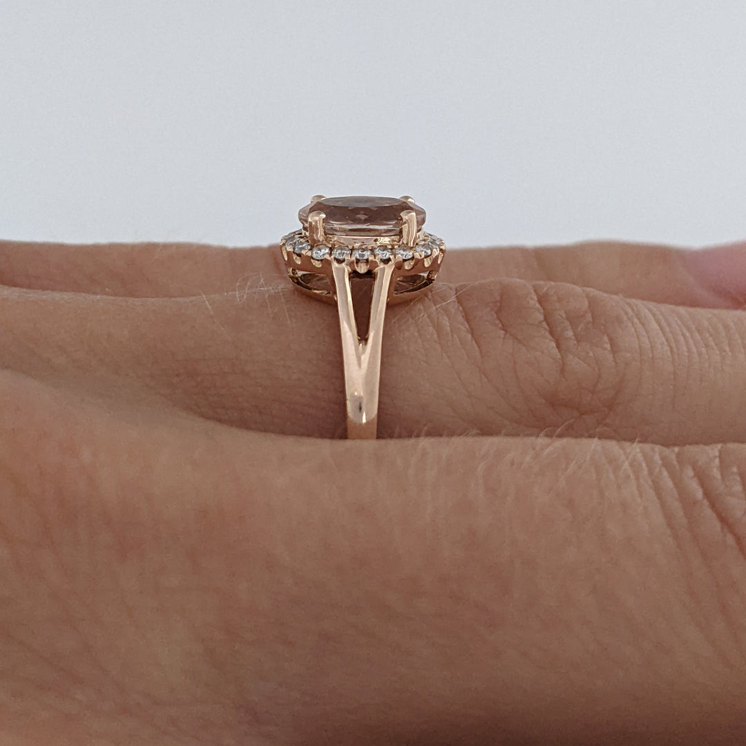 14K ROSE MORGANITE OVAL 6X8 WITH .14 DIAMOND TOTAL WEIGHT ESTATE RING 2.6 GRAMS