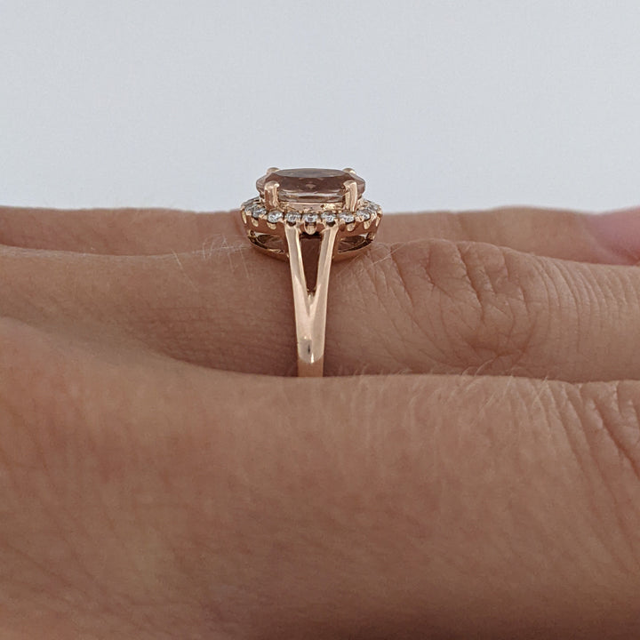 14K ROSE MORGANITE OVAL 6X8 WITH .14 DIAMOND TOTAL WEIGHT ESTATE RING 2.6 GRAMS