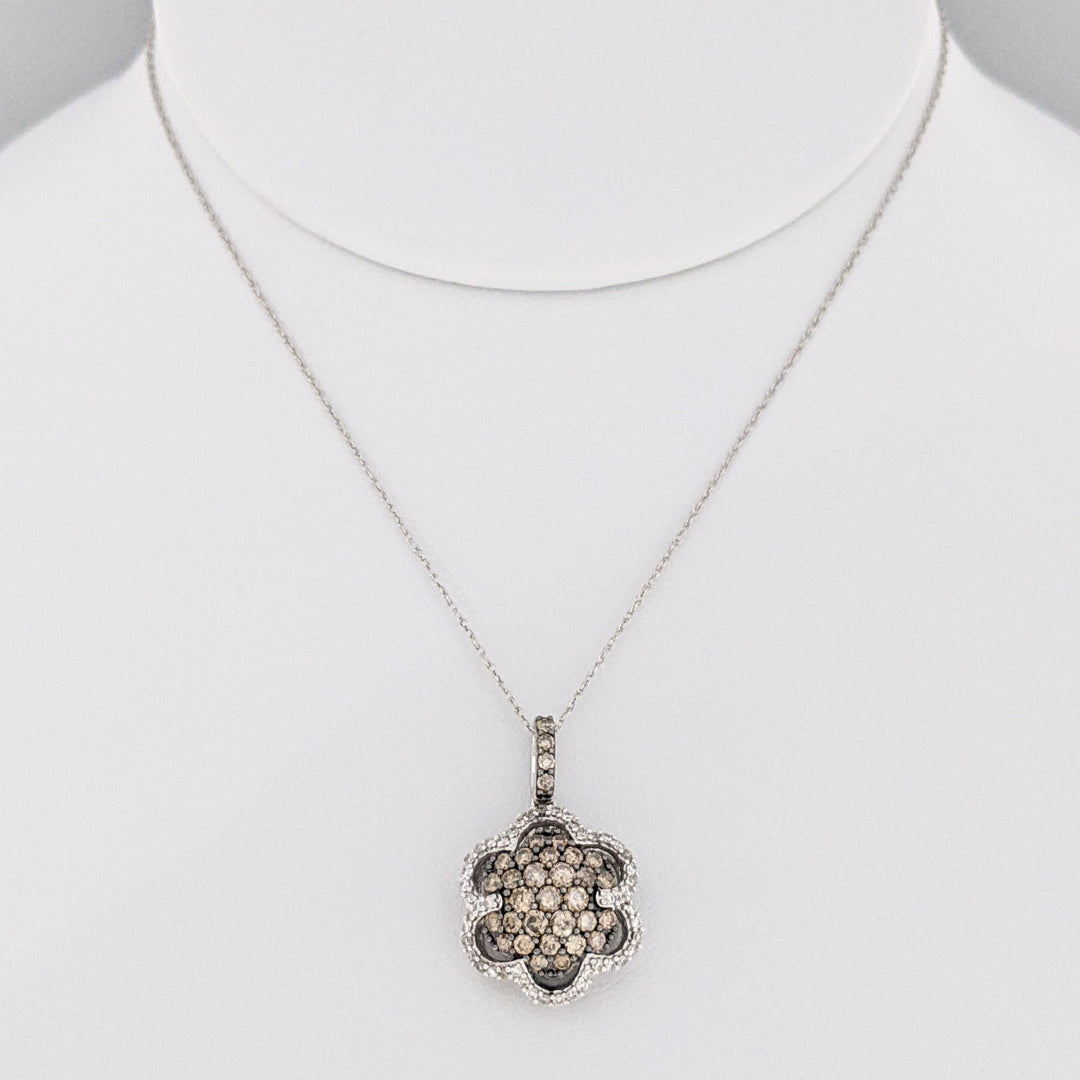 14k WHITE 1.02 CARAT TOTAL WEIGHT DIAMOND ROUND WITH CHOCOLATE AND WHITE DIAMONDS ESTATE PENDANT &amp; CHAIN 4.0 GRAMS
