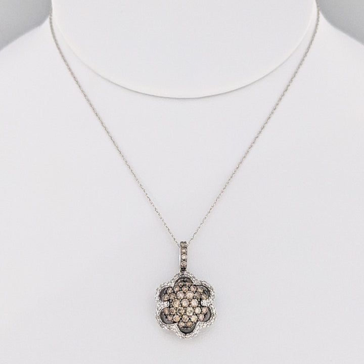 14k WHITE 1.02 CARAT TOTAL WEIGHT DIAMOND ROUND WITH CHOCOLATE AND WHITE DIAMONDS ESTATE PENDANT &amp; CHAIN 4.0 GRAMS