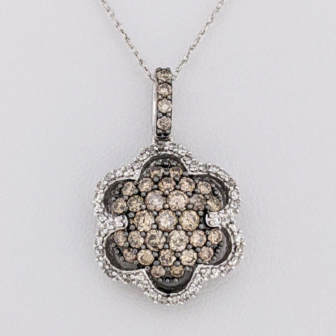 14k WHITE 1.02 CARAT TOTAL WEIGHT DIAMOND ROUND WITH CHOCOLATE AND WHITE DIAMONDS ESTATE PENDANT &amp; CHAIN 4.0 GRAMS