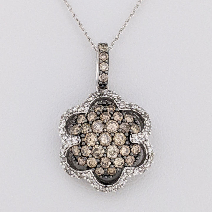 14k WHITE 1.02 CARAT TOTAL WEIGHT DIAMOND ROUND WITH CHOCOLATE AND WHITE DIAMONDS ESTATE PENDANT &amp; CHAIN 4.0 GRAMS