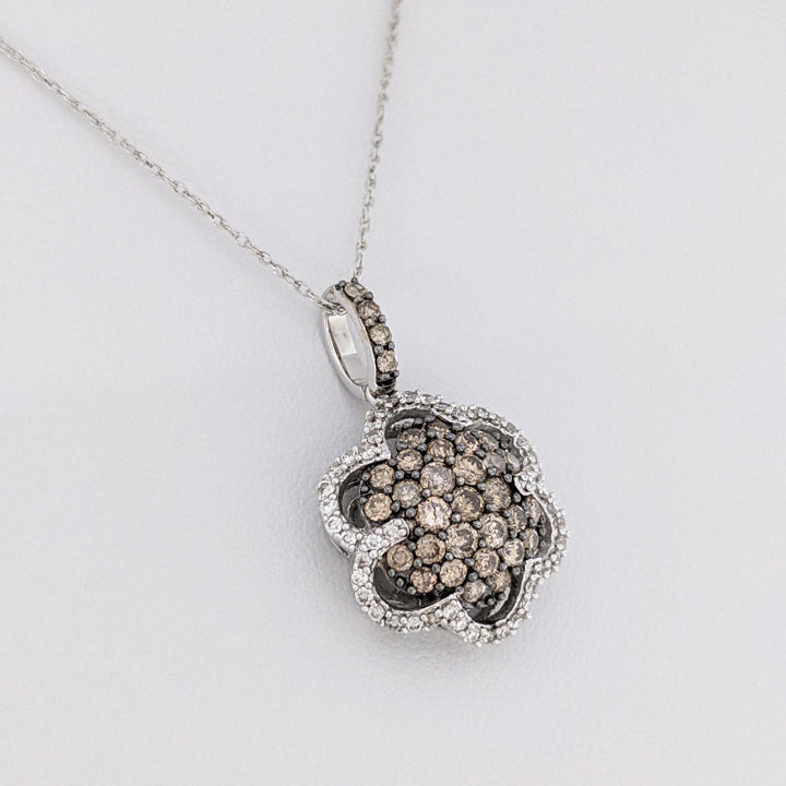 14k WHITE 1.02 CARAT TOTAL WEIGHT DIAMOND ROUND WITH CHOCOLATE AND WHITE DIAMONDS ESTATE PENDANT &amp; CHAIN 4.0 GRAMS