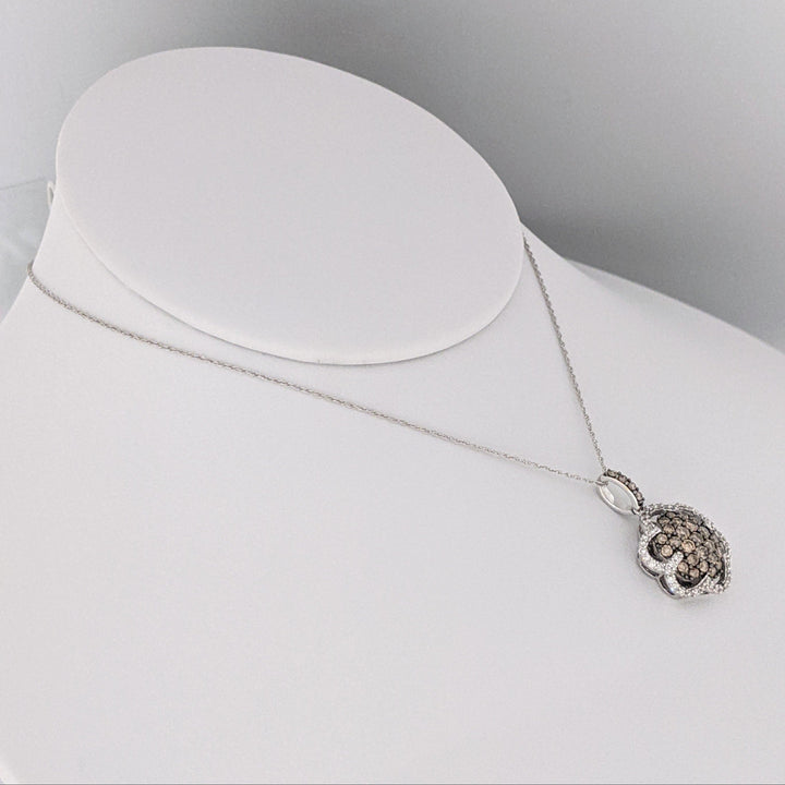 14k WHITE 1.02 CARAT TOTAL WEIGHT DIAMOND ROUND WITH CHOCOLATE AND WHITE DIAMONDS ESTATE PENDANT &amp; CHAIN 4.0 GRAMS