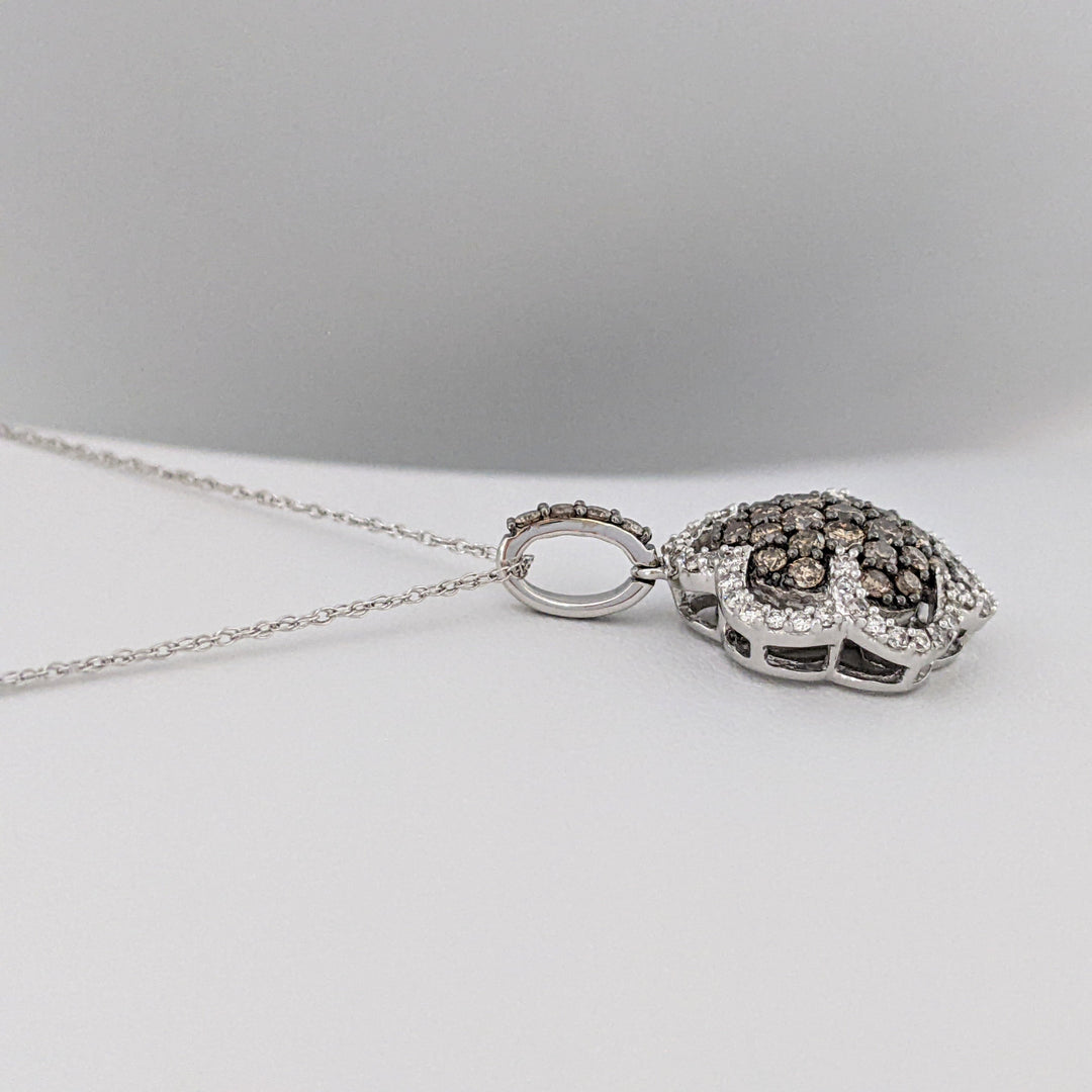 14k WHITE 1.02 CARAT TOTAL WEIGHT DIAMOND ROUND WITH CHOCOLATE AND WHITE DIAMONDS ESTATE PENDANT &amp; CHAIN 4.0 GRAMS