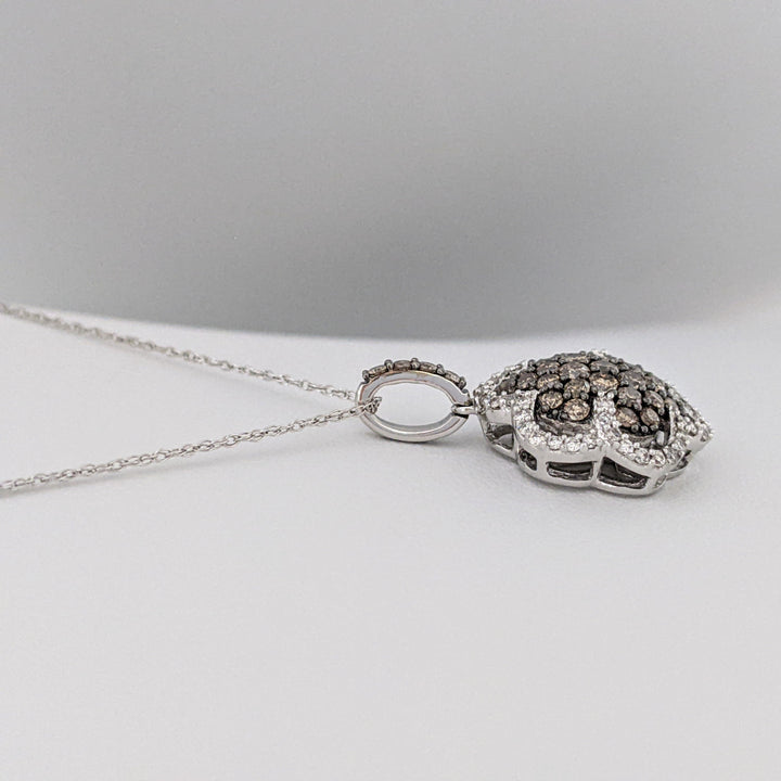 14k WHITE 1.02 CARAT TOTAL WEIGHT DIAMOND ROUND WITH CHOCOLATE AND WHITE DIAMONDS ESTATE PENDANT &amp; CHAIN 4.0 GRAMS