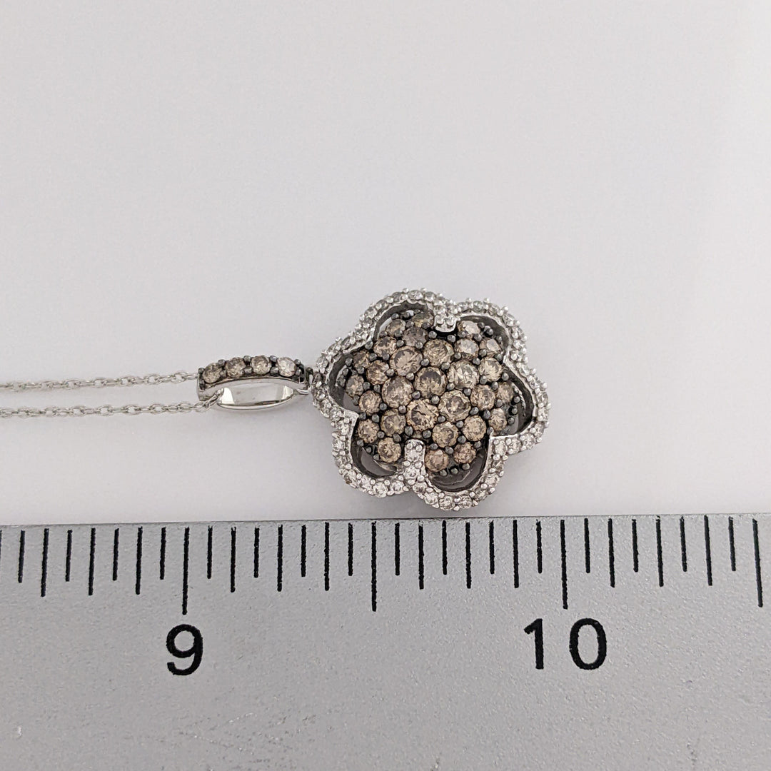 14k WHITE 1.02 CARAT TOTAL WEIGHT DIAMOND ROUND WITH CHOCOLATE AND WHITE DIAMONDS ESTATE PENDANT &amp; CHAIN 4.0 GRAMS