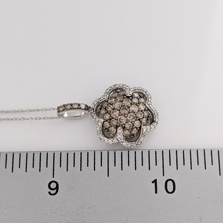 14k WHITE 1.02 CARAT TOTAL WEIGHT DIAMOND ROUND WITH CHOCOLATE AND WHITE DIAMONDS ESTATE PENDANT &amp; CHAIN 4.0 GRAMS