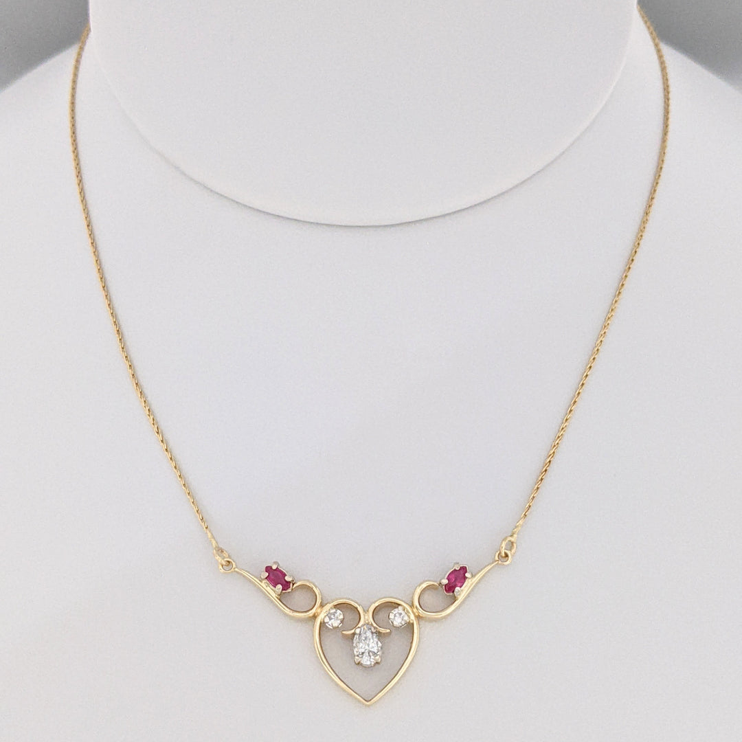 14K .53 CARAT TOTAL WEIGHT DIAMOND PEAR (1) ROUND (2) RUBY MARQUISE ESTATE NECKLACE 4.5 GRAMS
