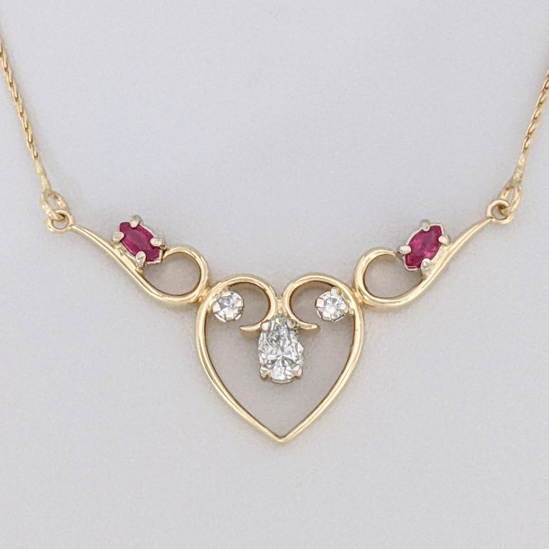 14K .53 CARAT TOTAL WEIGHT DIAMOND PEAR (1) ROUND (2) RUBY MARQUISE ESTATE NECKLACE 4.5 GRAMS