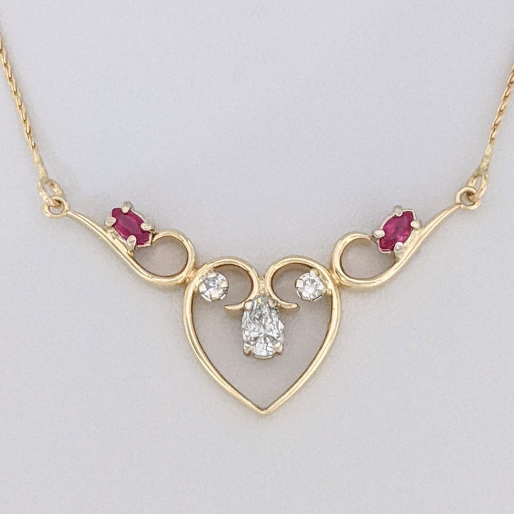 14K .53 CARAT TOTAL WEIGHT DIAMOND PEAR (1) ROUND (2) RUBY MARQUISE ESTATE NECKLACE 4.5 GRAMS