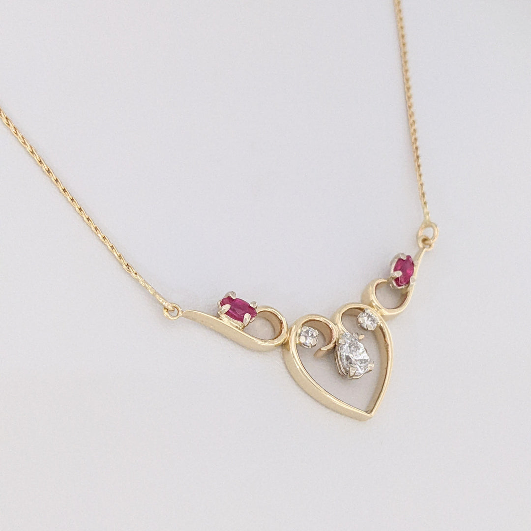 14K .53 CARAT TOTAL WEIGHT DIAMOND PEAR (1) ROUND (2) RUBY MARQUISE ESTATE NECKLACE 4.5 GRAMS