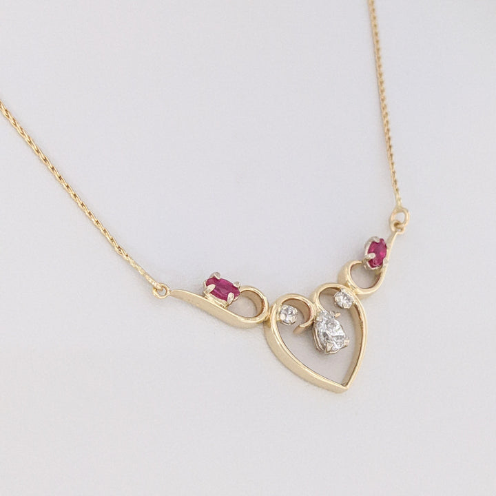 14K .53 CARAT TOTAL WEIGHT DIAMOND PEAR (1) ROUND (2) RUBY MARQUISE ESTATE NECKLACE 4.5 GRAMS
