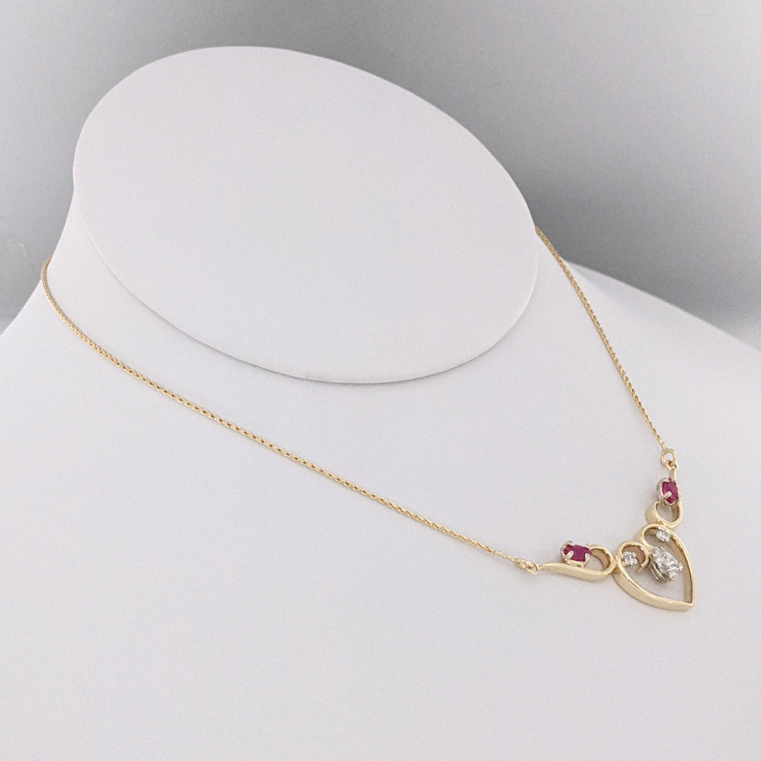 14K .53 CARAT TOTAL WEIGHT DIAMOND PEAR (1) ROUND (2) RUBY MARQUISE ESTATE NECKLACE 4.5 GRAMS