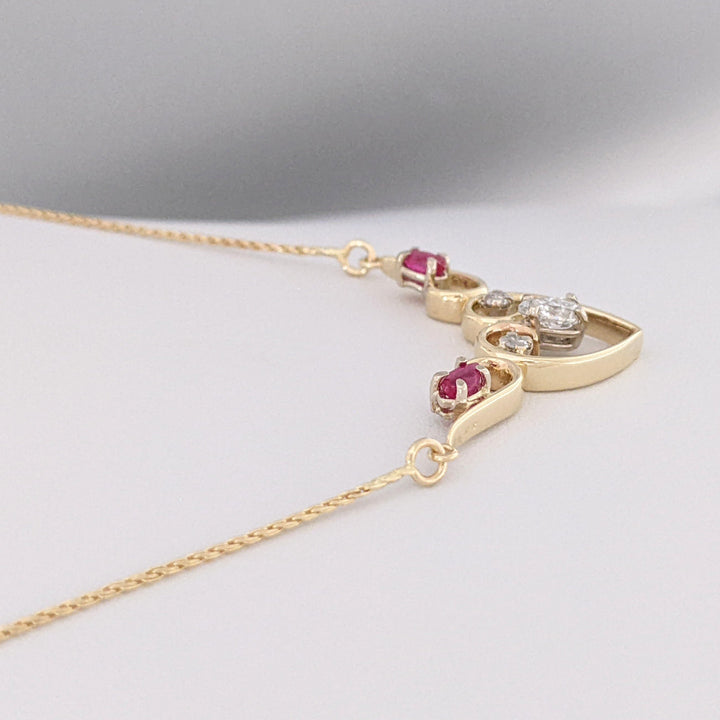 14K .53 CARAT TOTAL WEIGHT DIAMOND PEAR (1) ROUND (2) RUBY MARQUISE ESTATE NECKLACE 4.5 GRAMS