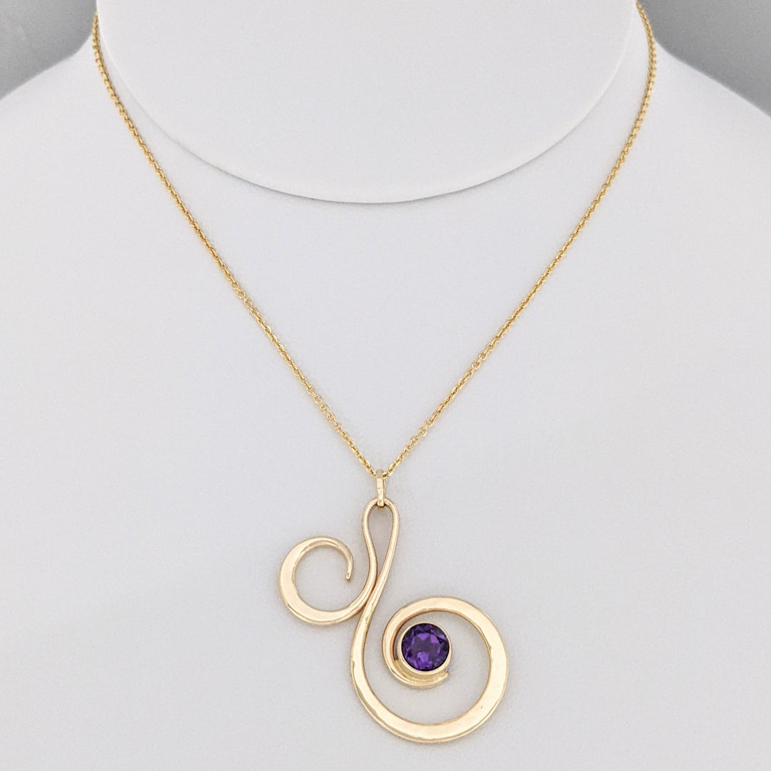 14K AMETHYST ROUND 6MM BEZEL "ED LEVIN" ESTATE SWIRL PENDANT &amp; CHAIN 5.2 GRAMS