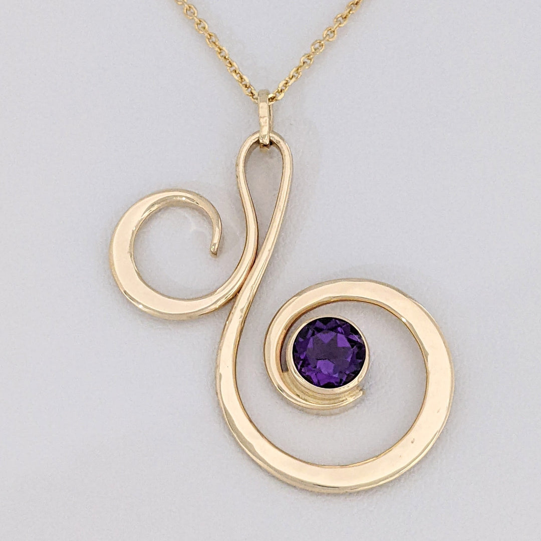 14K AMETHYST ROUND 6MM BEZEL "ED LEVIN" ESTATE SWIRL PENDANT &amp; CHAIN 5.2 GRAMS