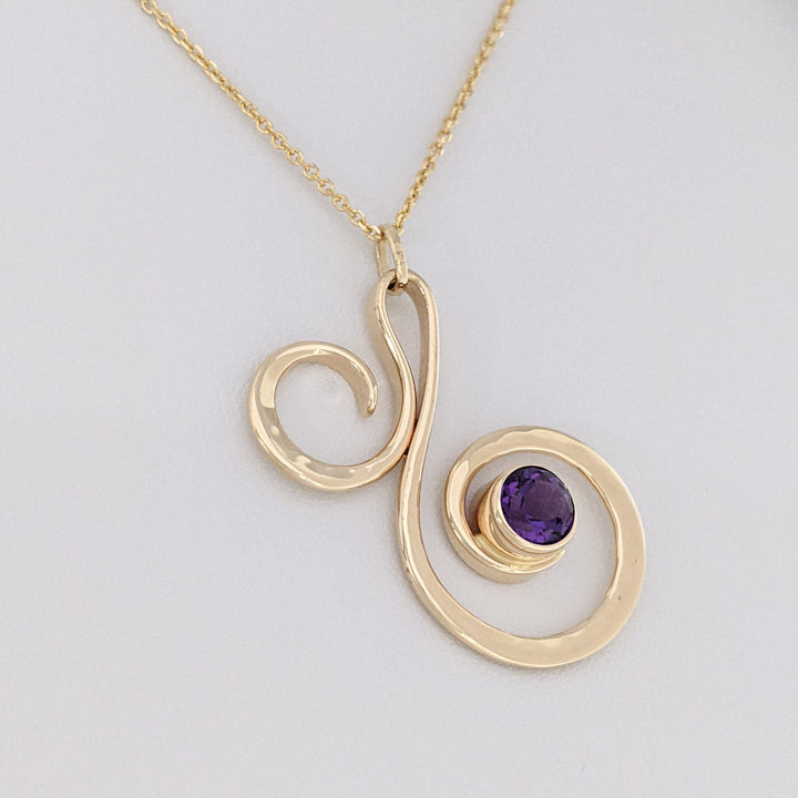 14K AMETHYST ROUND 6MM BEZEL "ED LEVIN" ESTATE SWIRL PENDANT &amp; CHAIN 5.2 GRAMS
