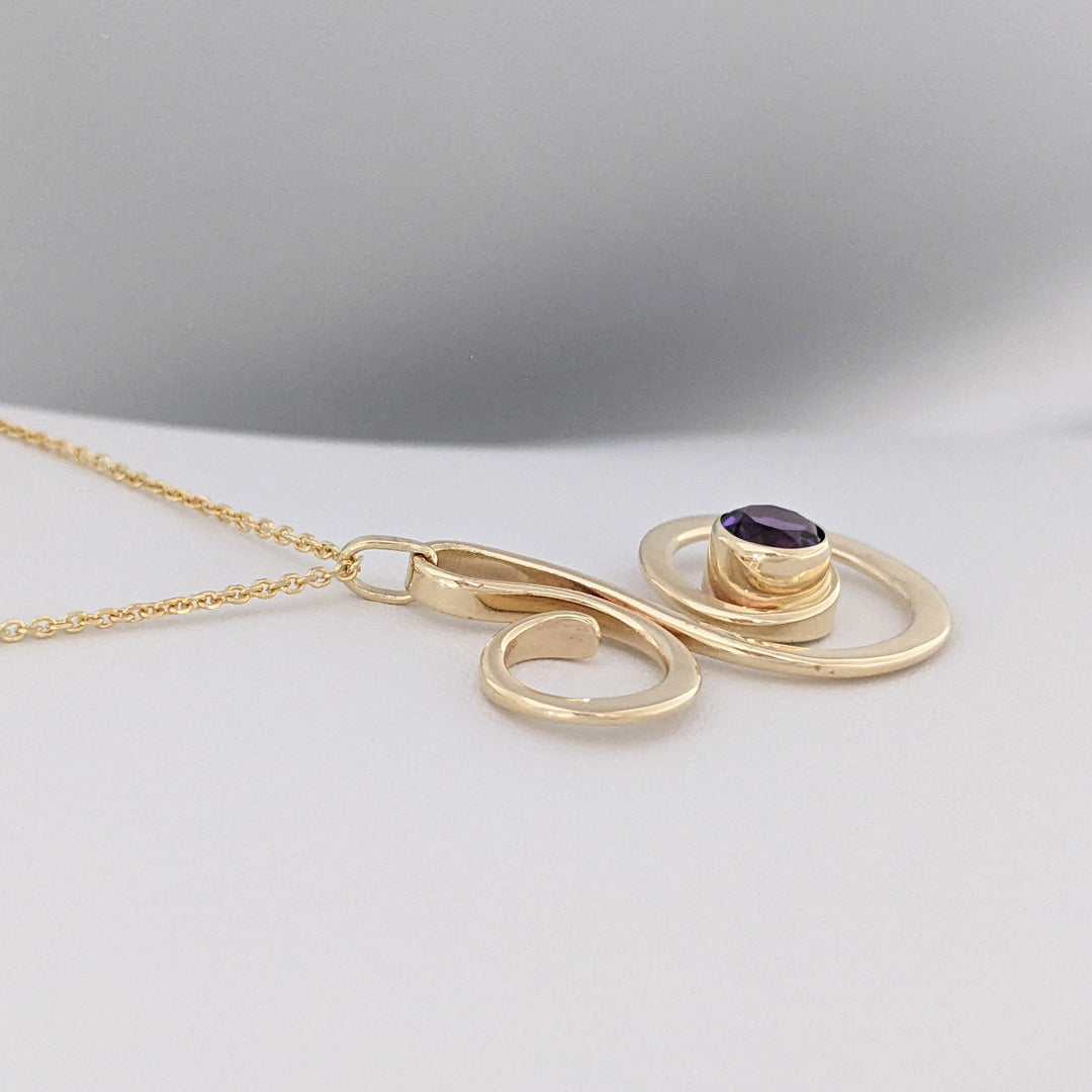14K AMETHYST ROUND 6MM BEZEL "ED LEVIN" ESTATE SWIRL PENDANT &amp; CHAIN 5.2 GRAMS
