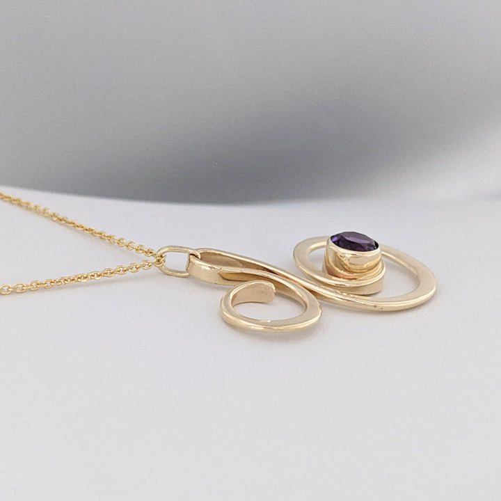 14K AMETHYST ROUND 6MM BEZEL "ED LEVIN" ESTATE SWIRL PENDANT &amp; CHAIN 5.2 GRAMS