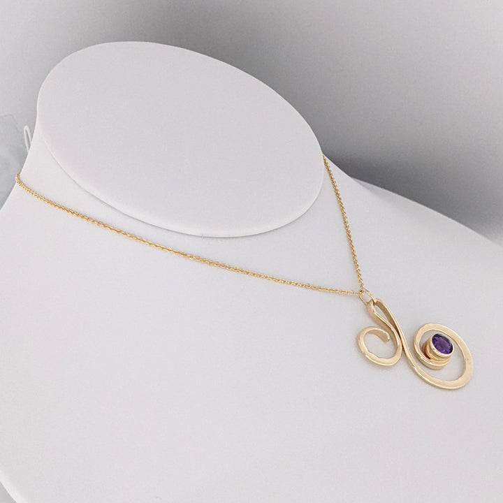 14K AMETHYST ROUND 6MM BEZEL "ED LEVIN" ESTATE SWIRL PENDANT &amp; CHAIN 5.2 GRAMS