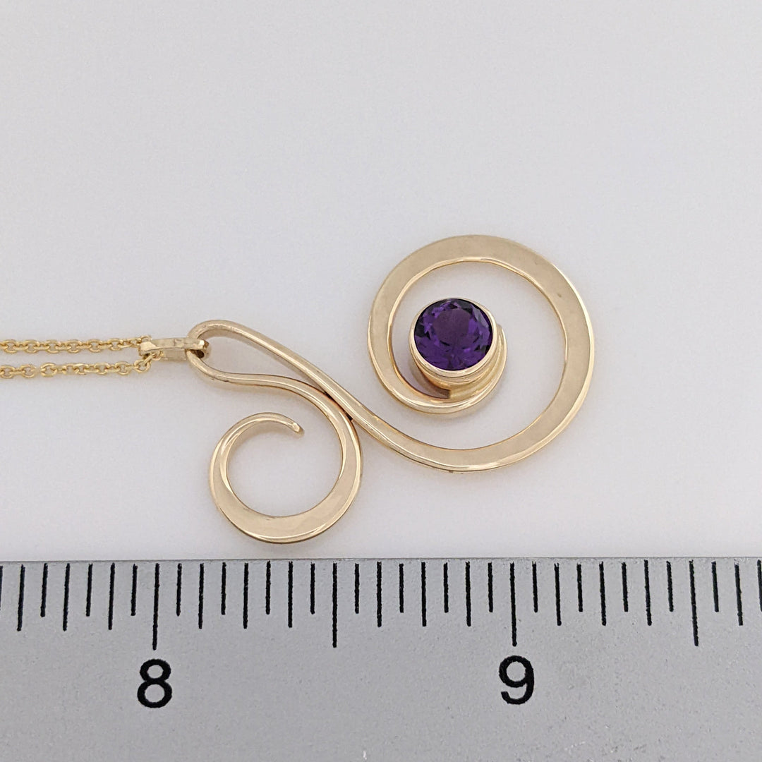 14K AMETHYST ROUND 6MM BEZEL "ED LEVIN" ESTATE SWIRL PENDANT &amp; CHAIN 5.2 GRAMS